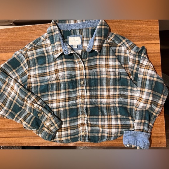 American Eagle Outfitters Tops - American Eagle Outfitters Plaid Cropped Shirt - Emerald, Beige and White